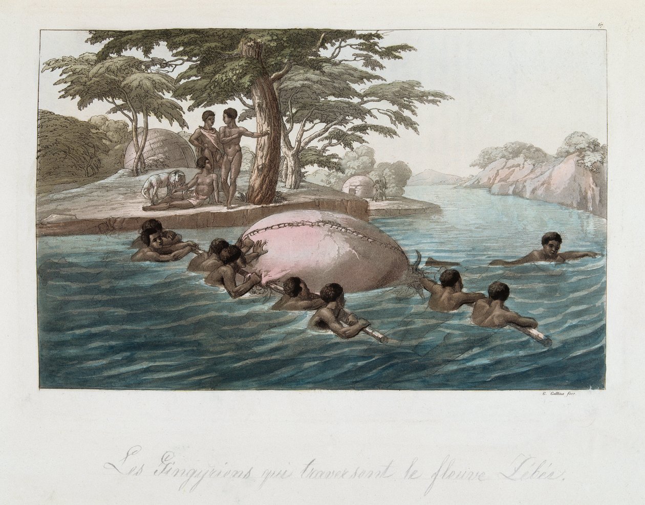 Moradores de Zanzibar atravessando o rio Lebee a la swim - em "The old and modern costume" de Ferrario, ed Milan de Giulio Ferrario