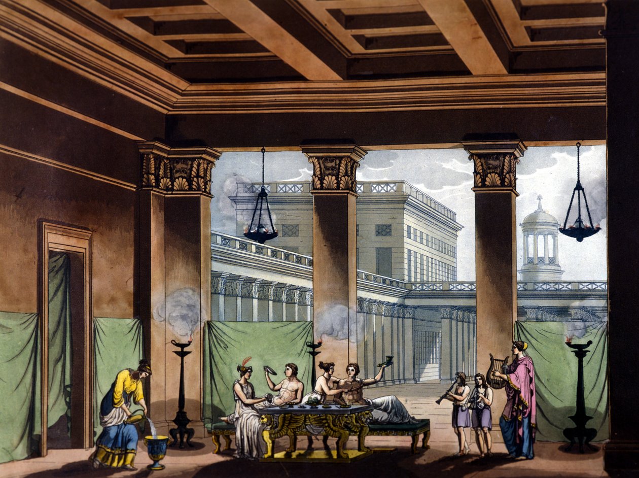Lâmpadas a óleo acesas em Triclinium na Grécia antiga: cena do banquete - em The old and modern costume by Jules Ferrario, ed. Milão de Giulio Ferrario