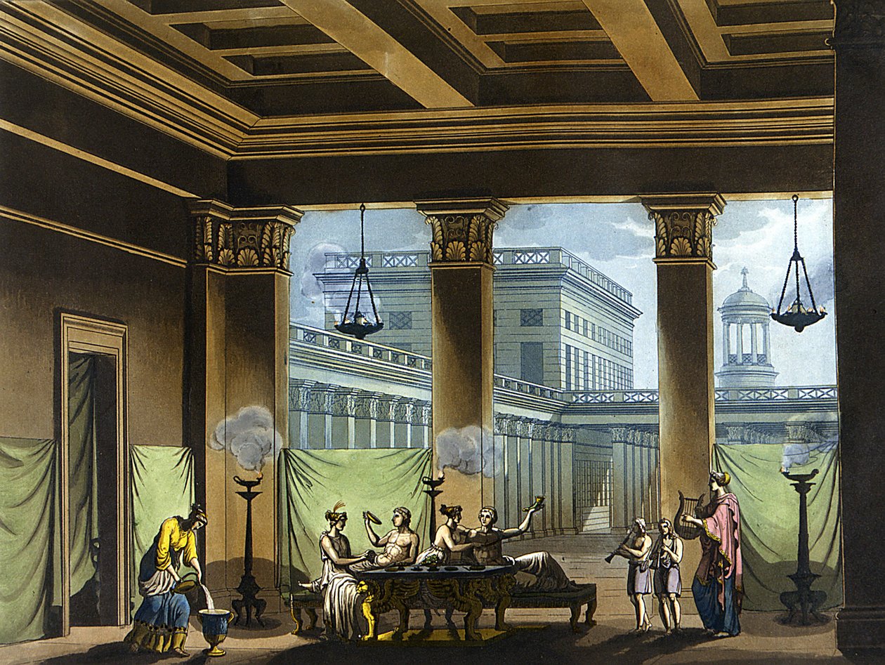 Triclinium iluminado com lamparinas a óleo na Grécia antiga: cena de banquete - em “”O traje antigo e moderno””” de Jules Ferrario, ed. Milão de Giulio Ferrario