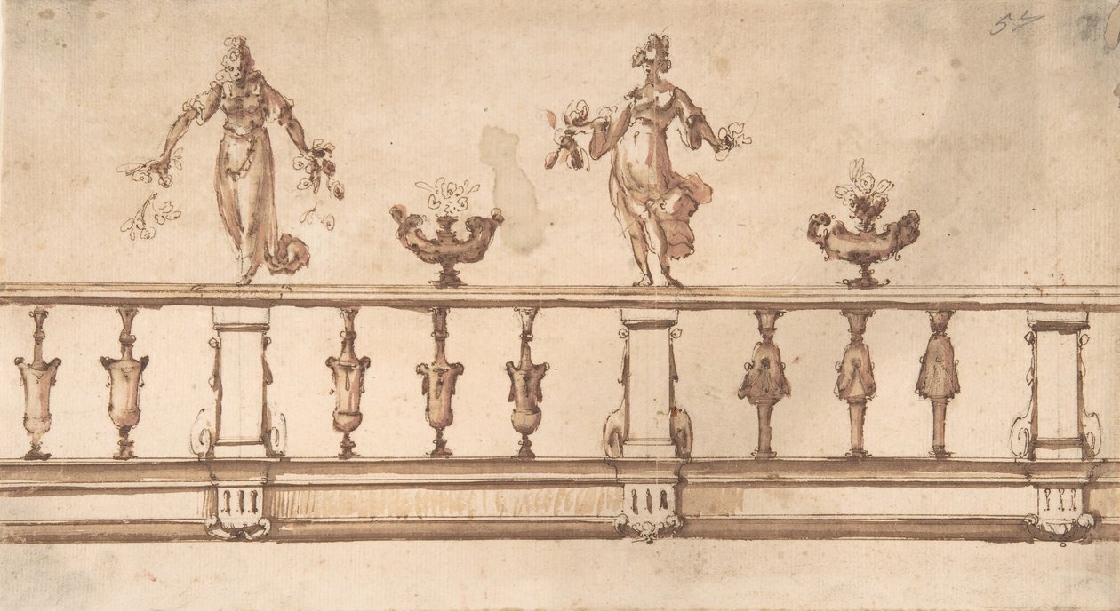 Desenho para balaustrada com figuras femininas e urnas, sécs. XVI-XVII. de Giulio Parigi