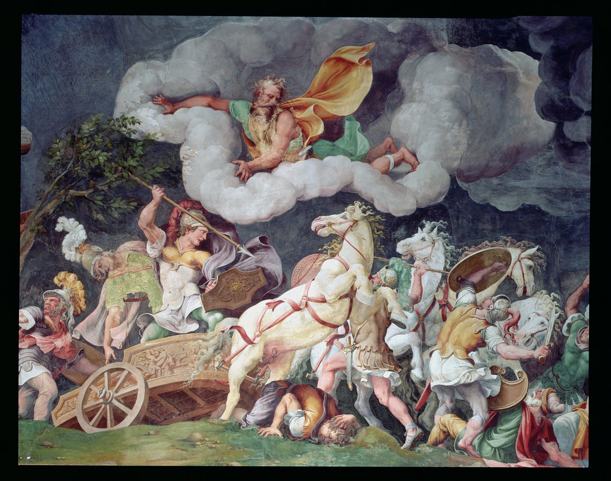 Aquiles arrastando o corpo de Hector em sua carruagem, detalhe do teto da Sala di Troia, c.1538 de Giulio Romano