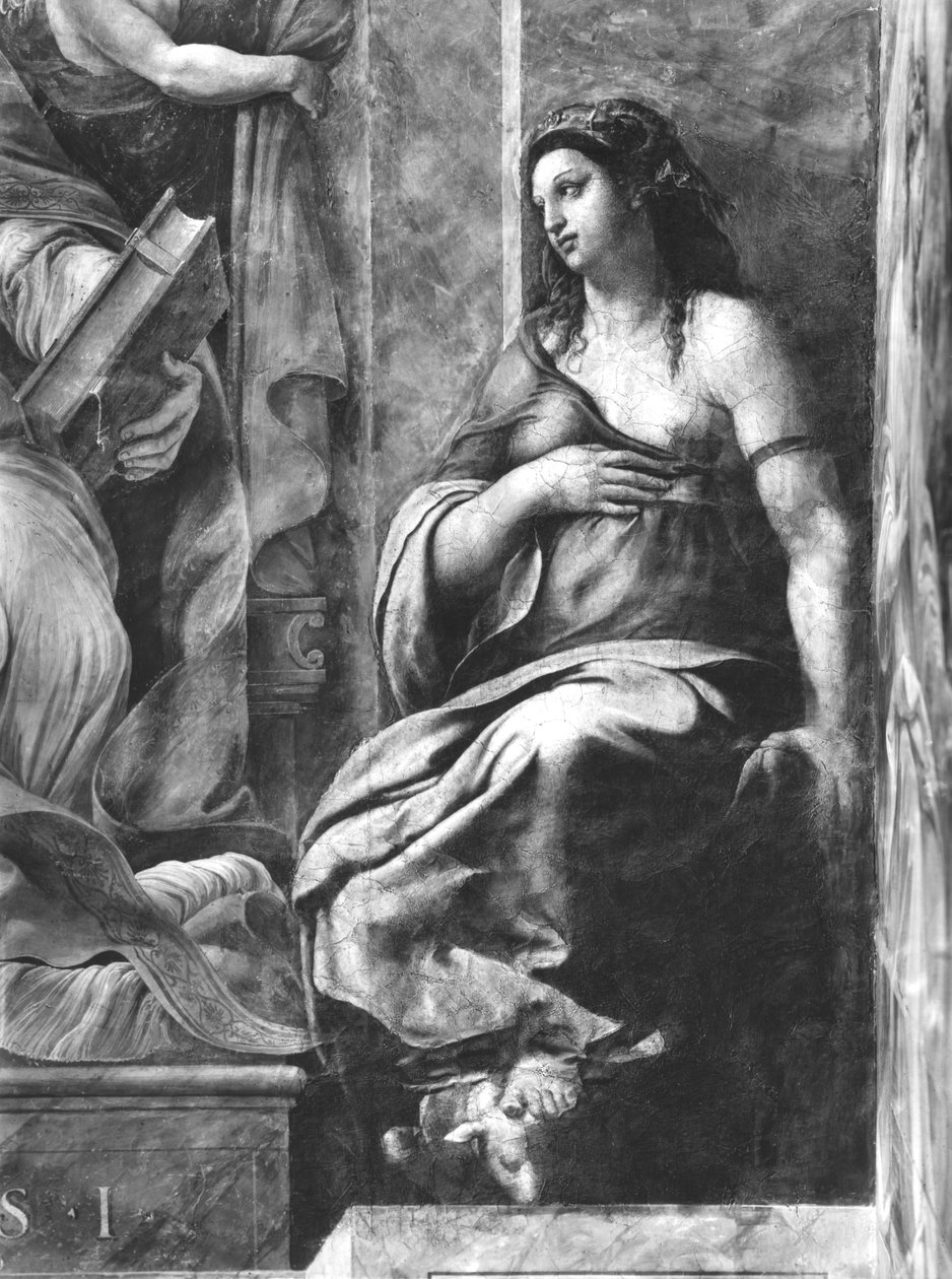 Clemência, uma das duas Virtudes que cercam o Papa São Clemente I (1-97) Raphael Rooms (detalhe) (ver também 252786, 252787, 252789) de Giulio Romano