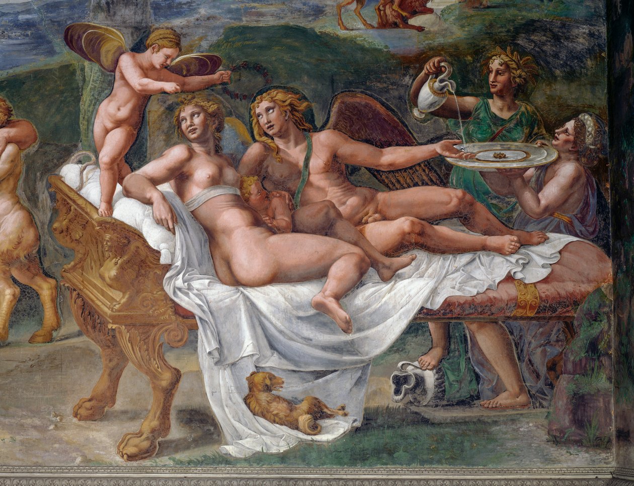 Cupido e Psique com sua filha Voluptas (Prazer) deitados na cama, detalhe da festa de casamento ou Banquete dos deuses, afresco de Giulio Romano (1499-1546), Palazzo Te, Mântua (UNESCO World Heritage List, 2008), Lombardia, Itália de Giulio Romano
