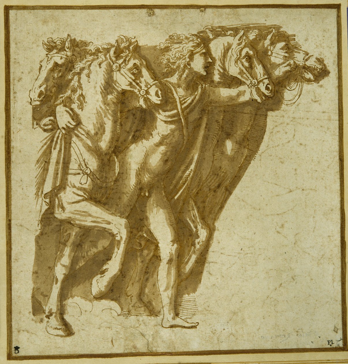Alvorada: Apollo com os Cavalos do Sol (caneta e tinta marrom com lavagem em papel) de Giulio Romano