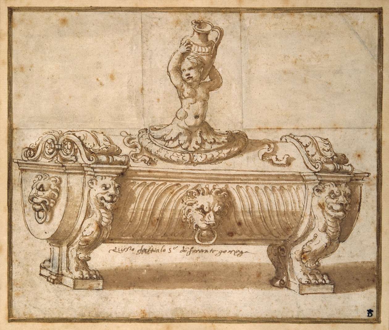 Design para uma caixa de carne doce (caneta e tinta castanha com lavagem em papel) de Giulio Romano