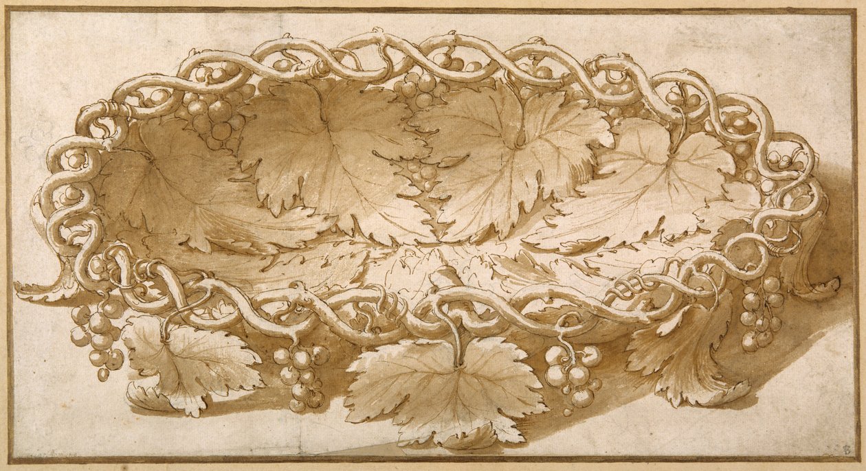 Desenho para uma fruteira oval, com gavinhas, folhas e uvas (caneta e tinta castanha com lavagem castanha no papel) de Giulio Romano