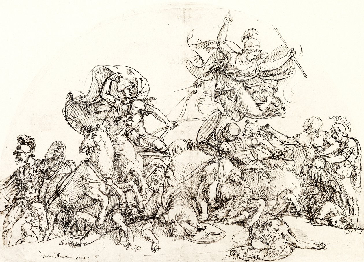 Diomedes, ferido por Pandarus, é consolado por Pallas Athene de Giulio Romano