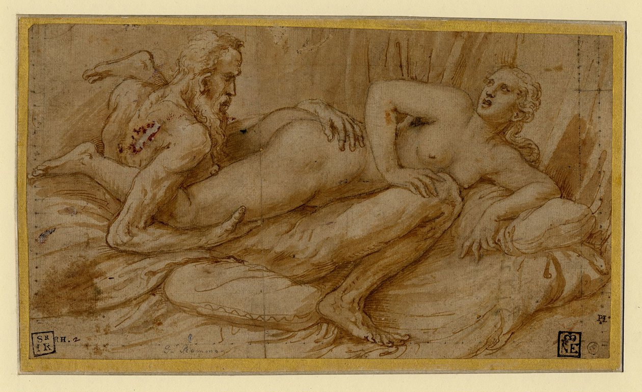 Cena erótica par Romano, Giulio (1499-1546), depois de 1524 - Caneta, pincel, tinta indígena castanha, cor branca, giz preto sobre papel de Giulio Romano