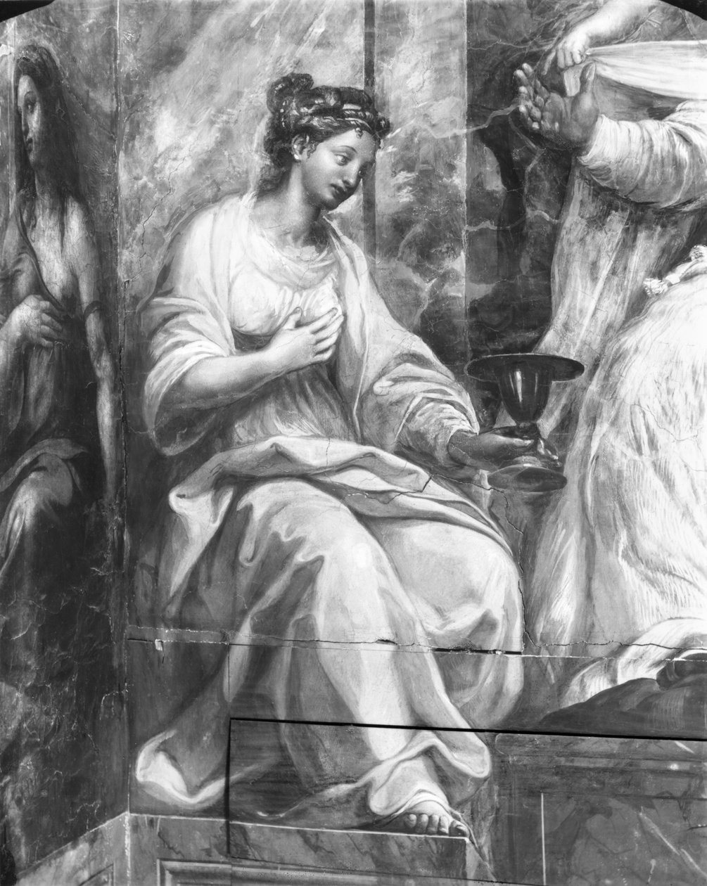 Fé, cercando uma das duas figuras alegóricas em torno do papa Sylvester I (314-35) Raphael Rooms (detalhe) (ver também 252792 e 252794) de Giulio Romano
