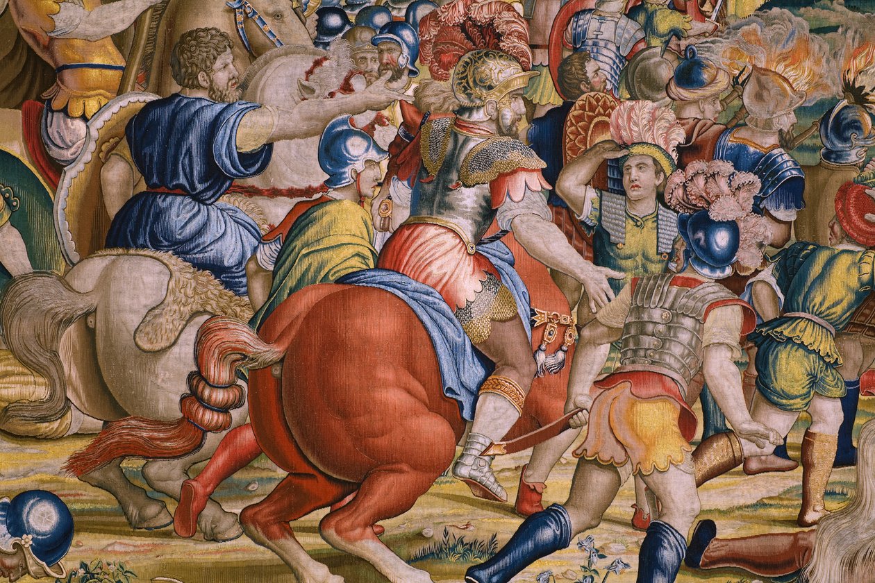 Tapeçaria flamenga. Série Os Actos de Cipião: A batalha em Zama. O cartoonista Giulio Romano. Atelier de Balthasar van Vlierden (?), Bruxelas. 1523-1532. Detalhe. de Giulio Romano