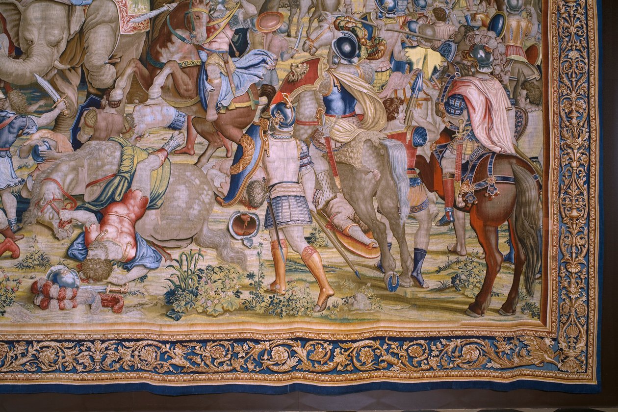 tapeçaria flamenga. Série Os Atos de Cipião: A Batalha de Zama. O cartunista Giulio Romano. Atelier de Balthasar van Vlierden (?), Bruxelas. 1523-1532. Detalhe. de Giulio Romano