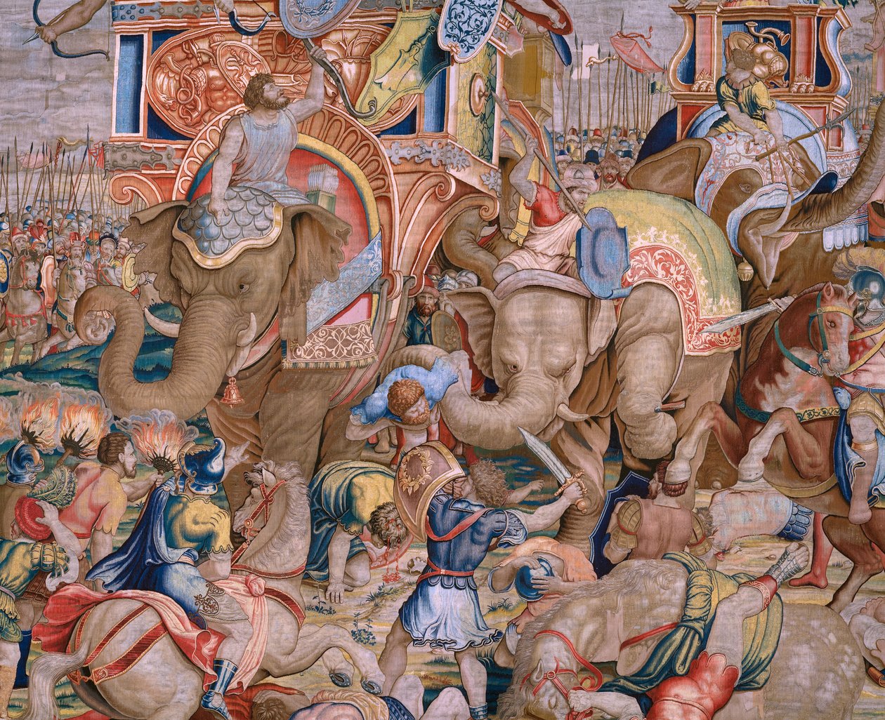 Tapeçaria flamenga. Série Os Actos de Cipião. A batalha em Zama. O cartoonista Giulio Romano. Atelier de Balthasar van Vlierden (?), Bruxelas. 1523-1532. Detalhe. de Giulio Romano
