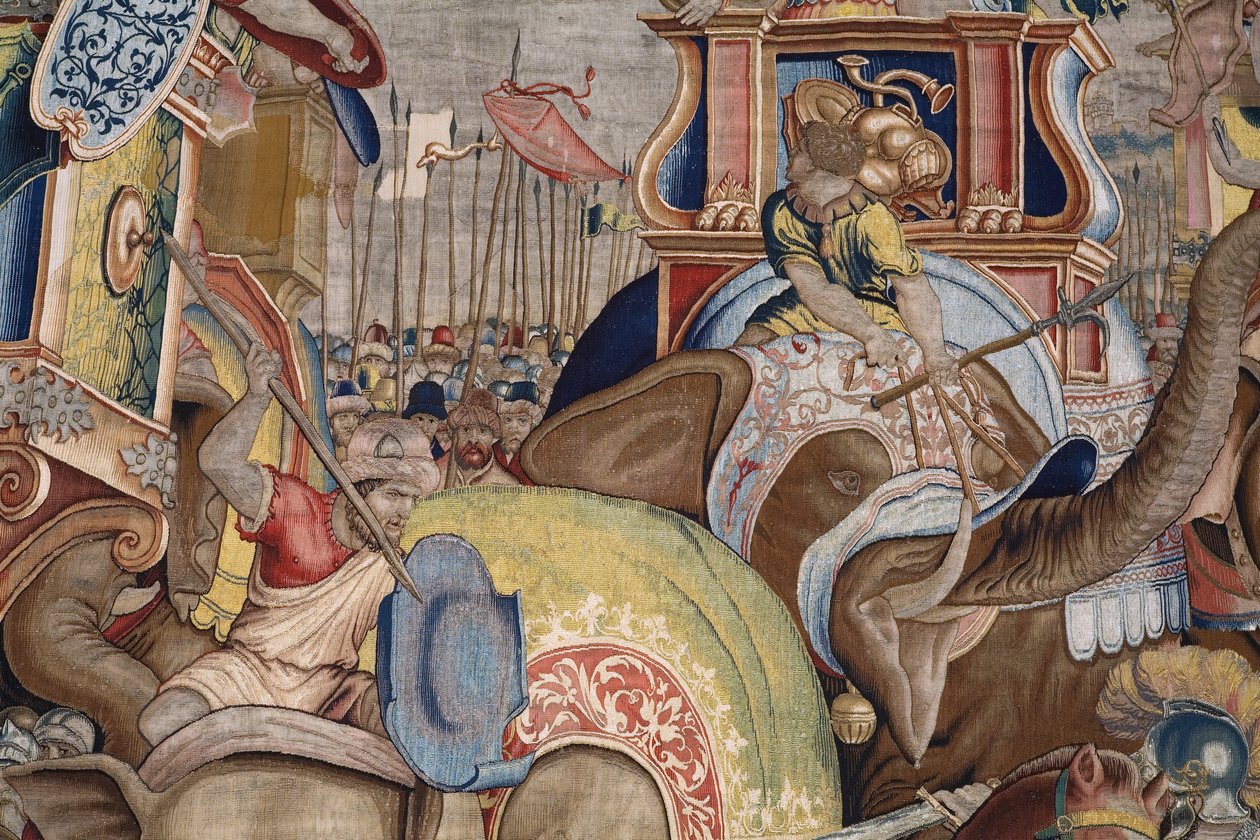 Tapeçaria flamenga. Série Os Actos de Cipião. A batalha em Zama. O cartoonista Giulio Romano. Atelier de Balthasar van Vlierden (?), Bruxelas. 1523-1532. Detalhe. de Giulio Romano