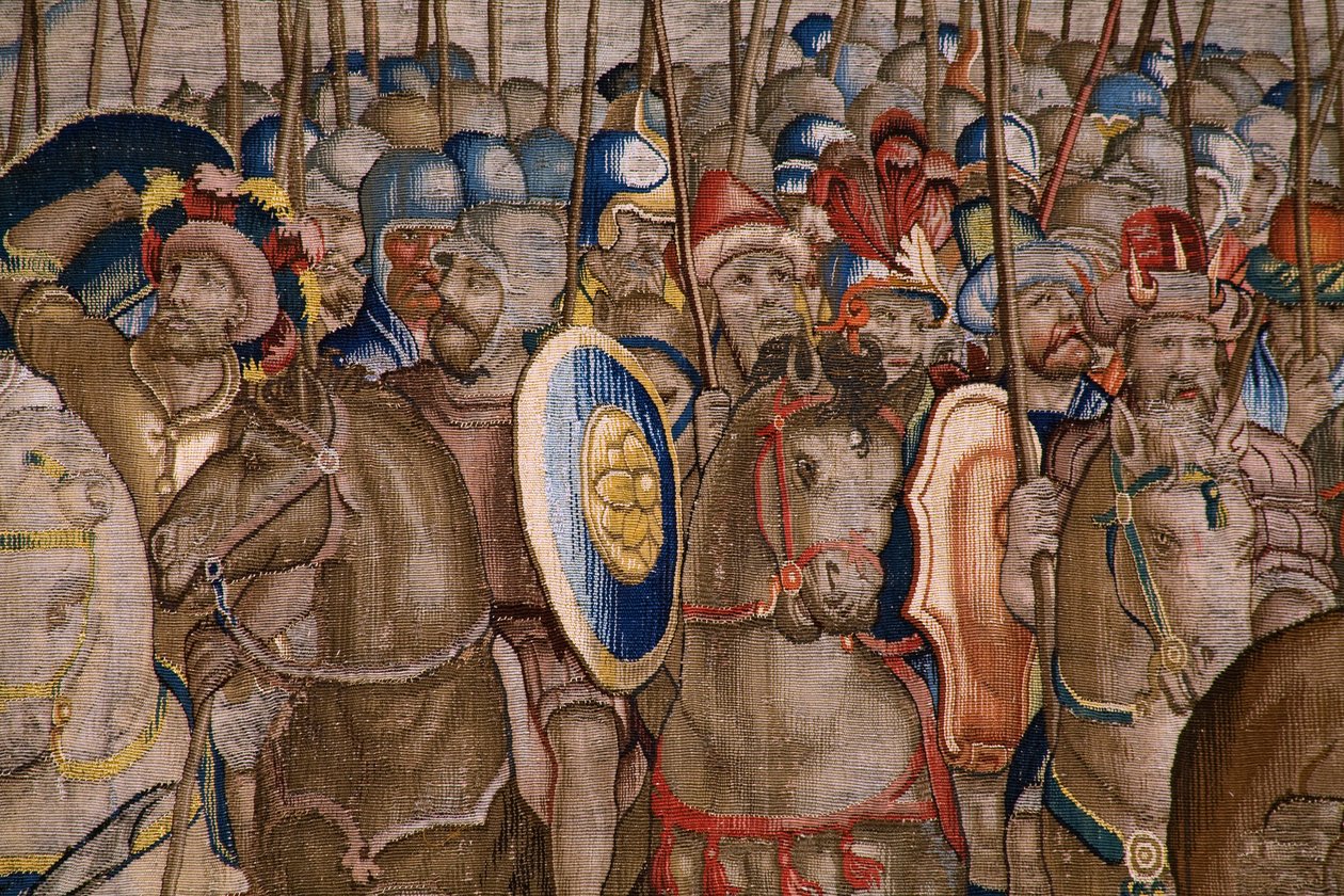 Tapeçaria flamenga. Série Os Actos de Cipião: A batalha em Zama. O cartoonista Giulio Romano. Atelier de Balthasar van Vlierden (?), Bruxelas. 1523-1532. Detalhe. de Giulio Romano