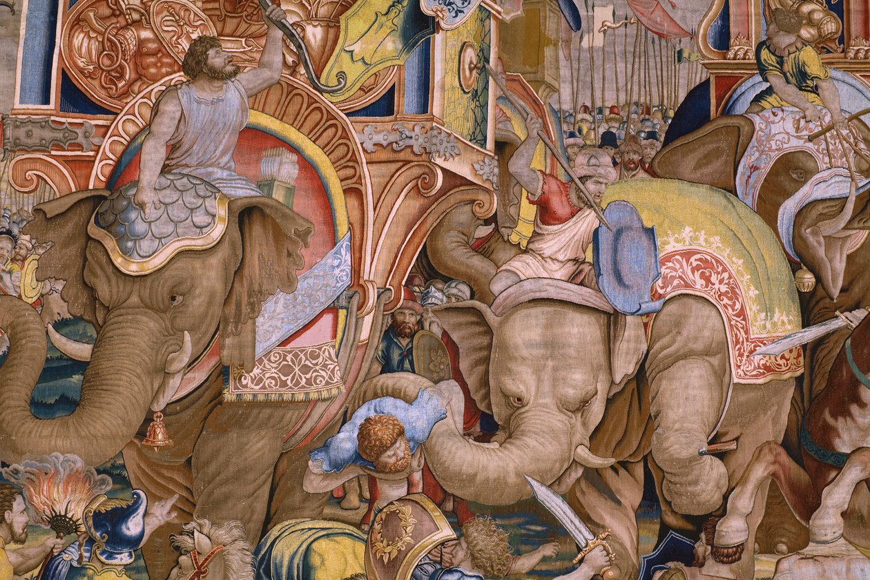 Tapeçaria flamenga. Série Os Actos de Cipião: A batalha em Zama. O cartoonista Giulio Romano. Atelier de Balthasar van Vlierden (?), Bruxelas. 1523-1532. Detalhe. de Giulio Romano