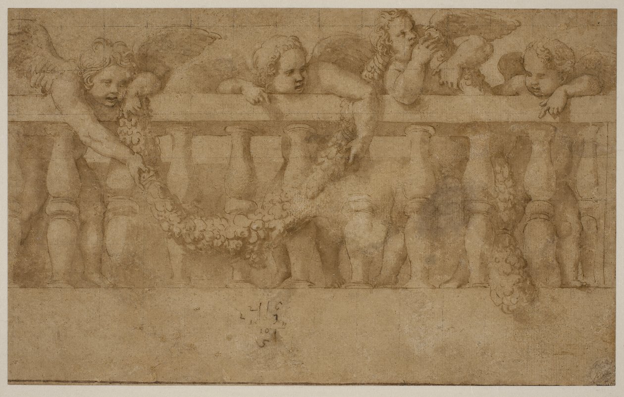 Quatro putti alados decorando uma balaustrada com guirlandas de Giulio Romano