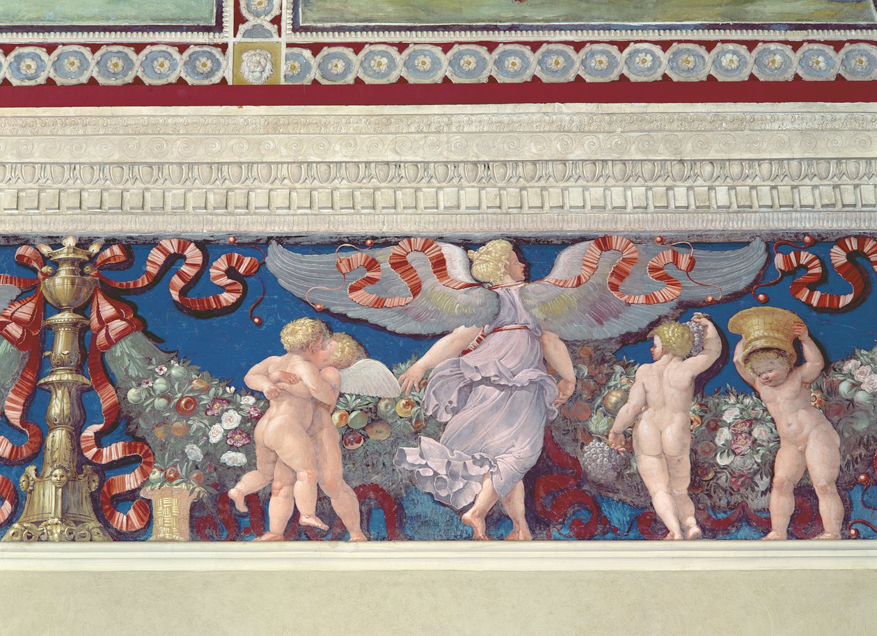 Friso da Câmara com Fregio di Amorini Câmara do Friso de Cupido detalhe de cupidos de luta livre, afresco de 1520 de Giulio Romano