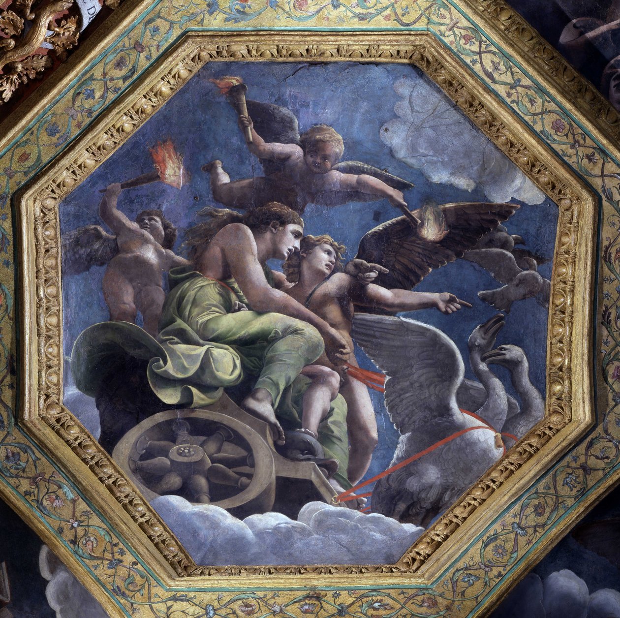 Vénus furiosa nomeia Psique para Cupido a fim de a castigar. Fresco de Giulio Pippi de