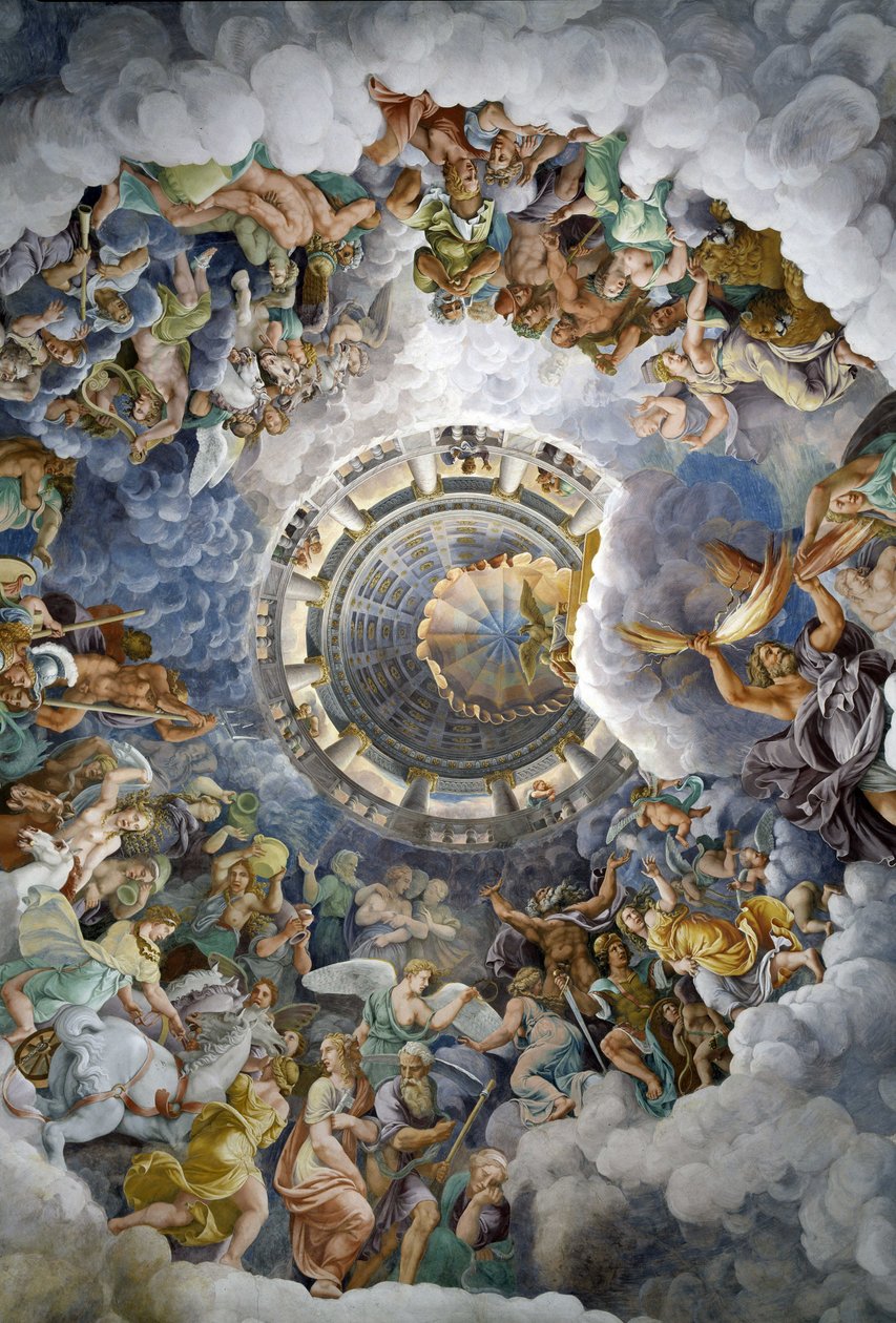 Vista geral do teto da Sala dos Gigantes, Mântua (Palazzo del Te, Mantova): os Deuses do Olimpo. Fresco de Giulio Pippi de