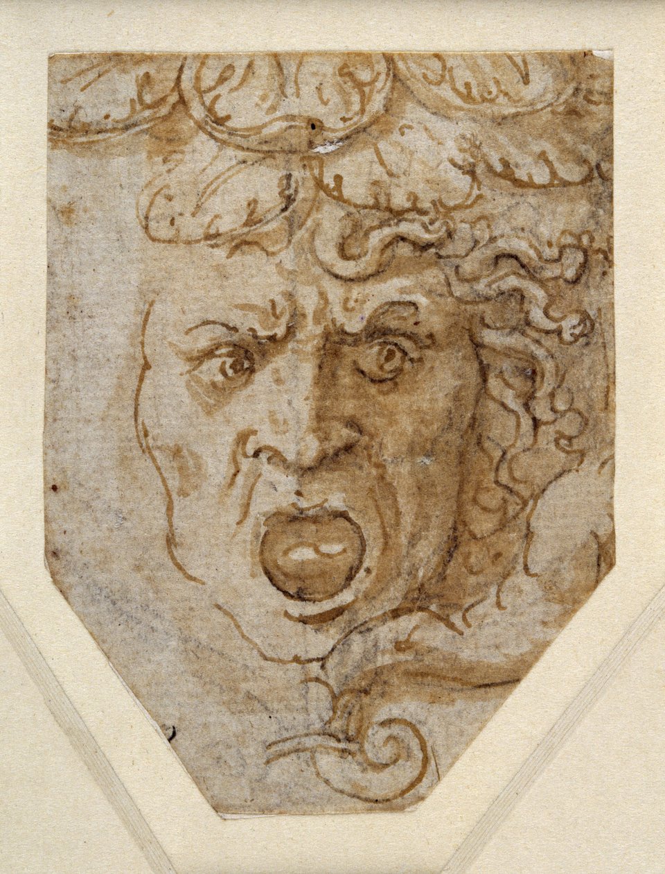 Cabeça da Medusa (caneta e tinta marrom sobre preliminares em giz preto com toques de altura branca sobre papel branco) de Giulio Romano