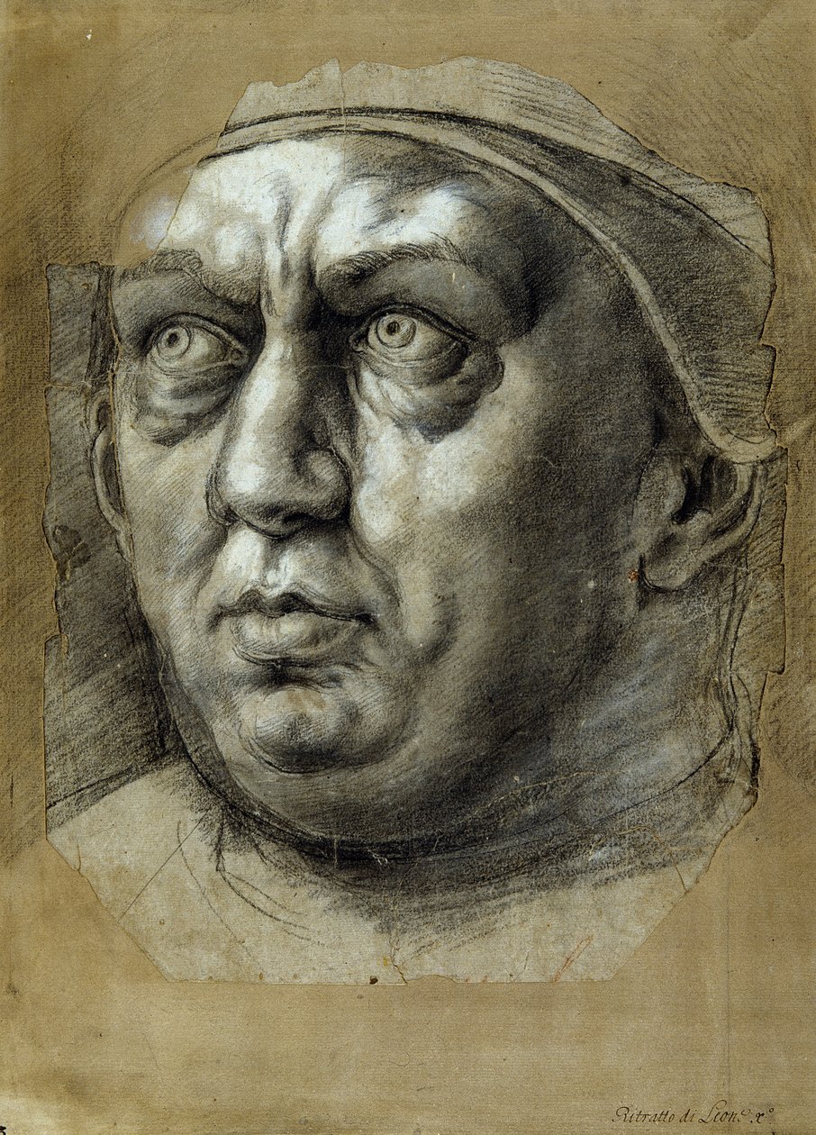 Cabeça do Papa Leão X (gizes a preto e branco sobre papel) de Giulio Romano