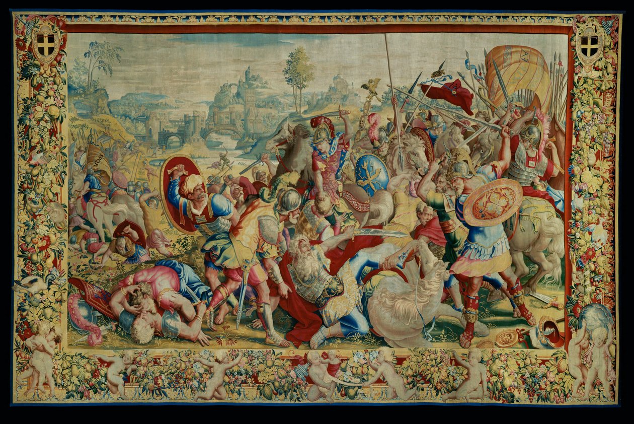 A História de Cipião: A Batalha de Ticino, primeira peça de tapeçaria, lã e seda, tapeçaria ... de Giulio Romano