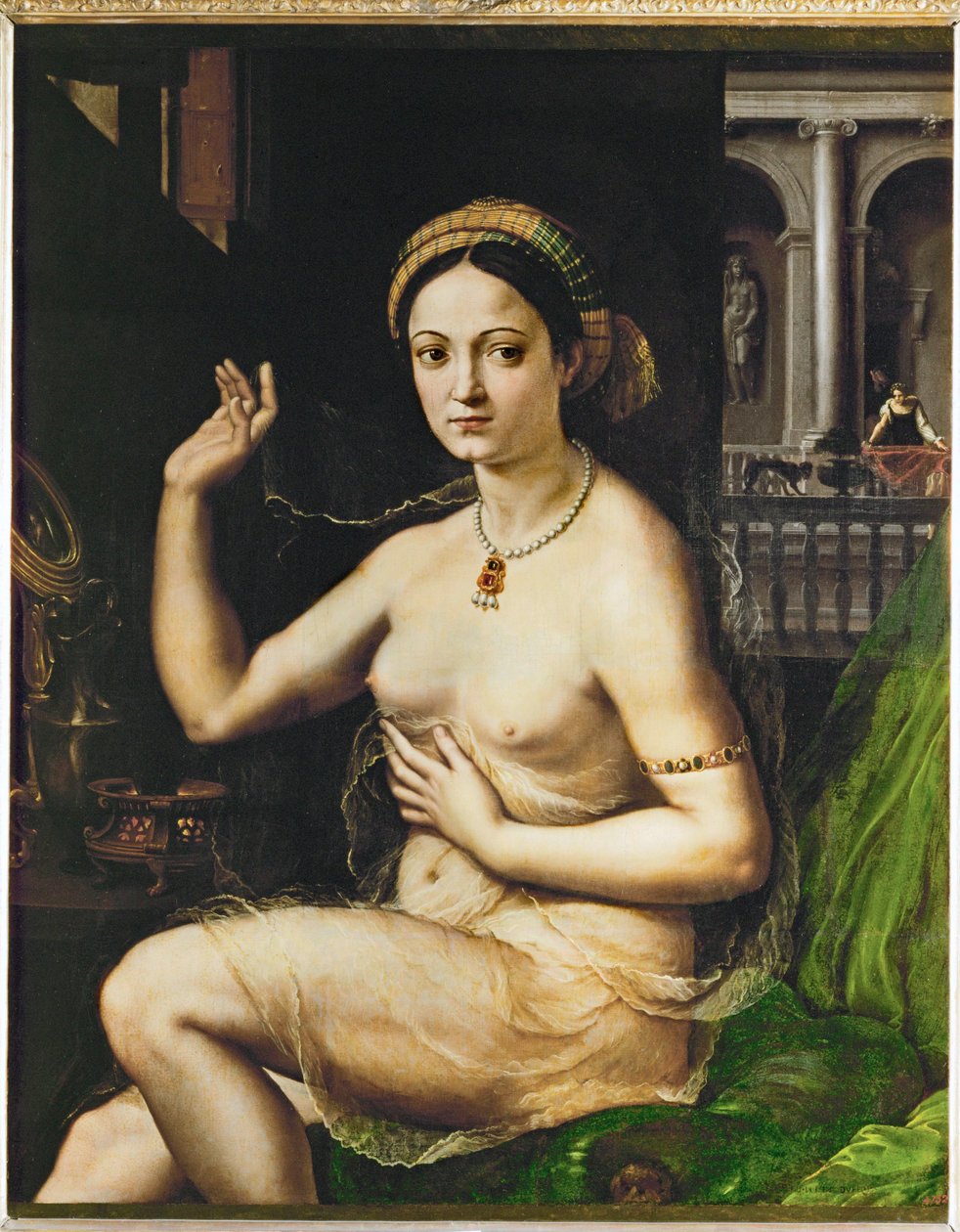 Senhora na sua casa de banho (pintura sobre tela) de Giulio Romano