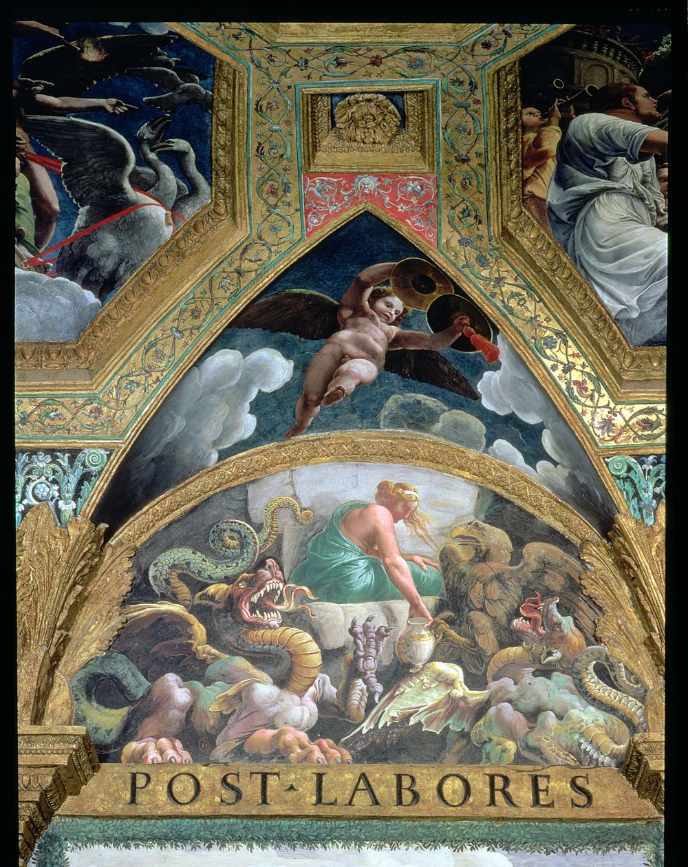 Lunette retratando Psique empreendendo uma provação definida por Vênus de recuperar do submundo uma jarra contendo a beleza de Proserpine, da Sala di Amore e Psiche, 1528 detalhe em afresco de 78427 de Giulio Romano