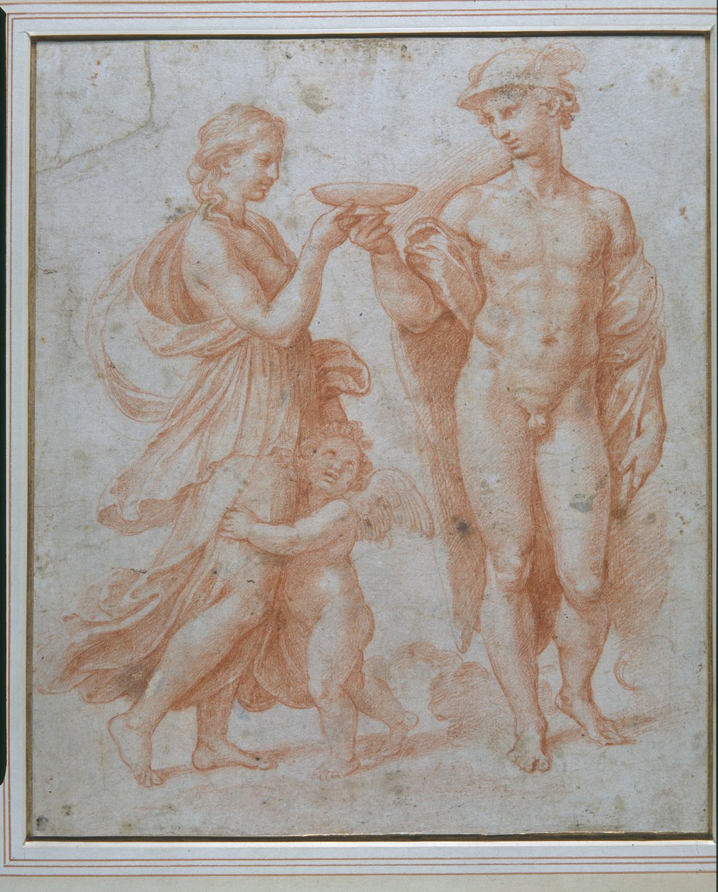 Mercúrio oferece o Cup of Immortality to Psyche (giz vermelho sobre papel branco) de Giulio Romano