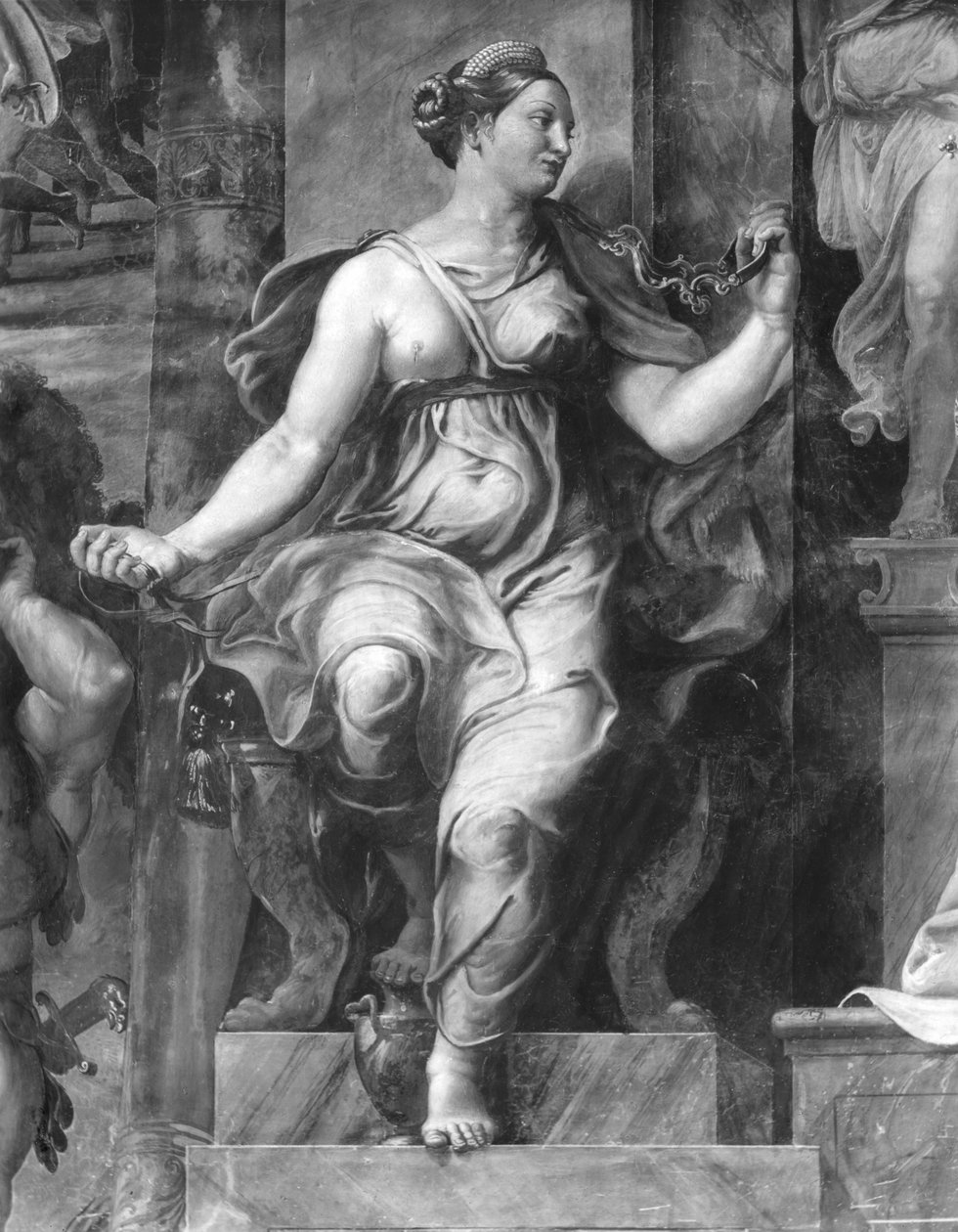 Moderação, uma das duas Virtudes em torno do Papa Clemente I (1-97) Raphael Rooms (detalhe) (ver também 252786, 252788, 252789) de Giulio Romano