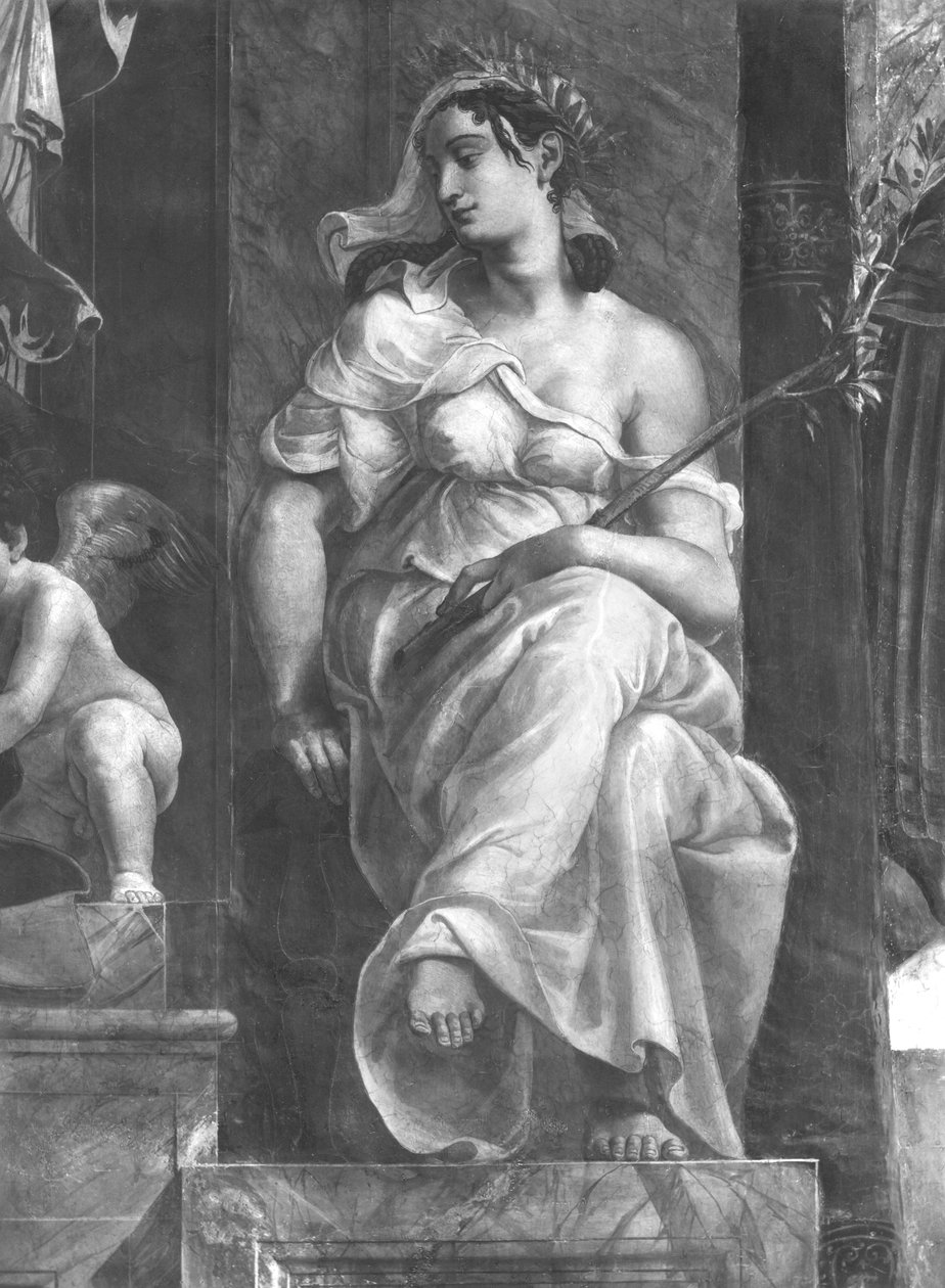 Paz sentada ao lado do Papa Dâmaso I (c.304-384) Salas de Rafael (detalhe) (ver também 252795 e 252796) de Giulio Romano