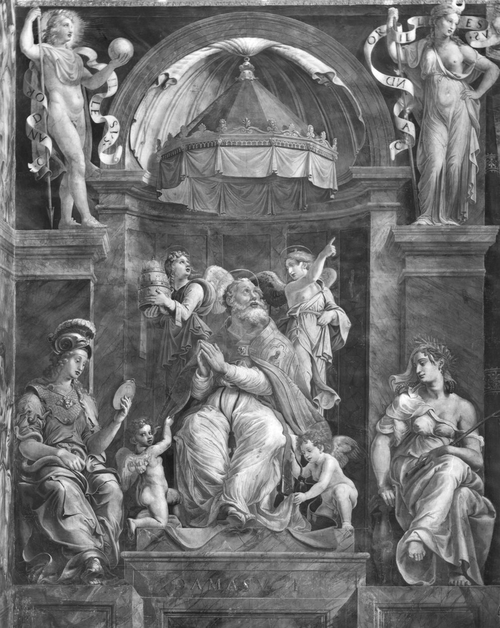 Papa Dâmaso I (c.304-384) entre Prudência e Paz, Rafael Salas (ver também 252796 e 252797) de Giulio Romano