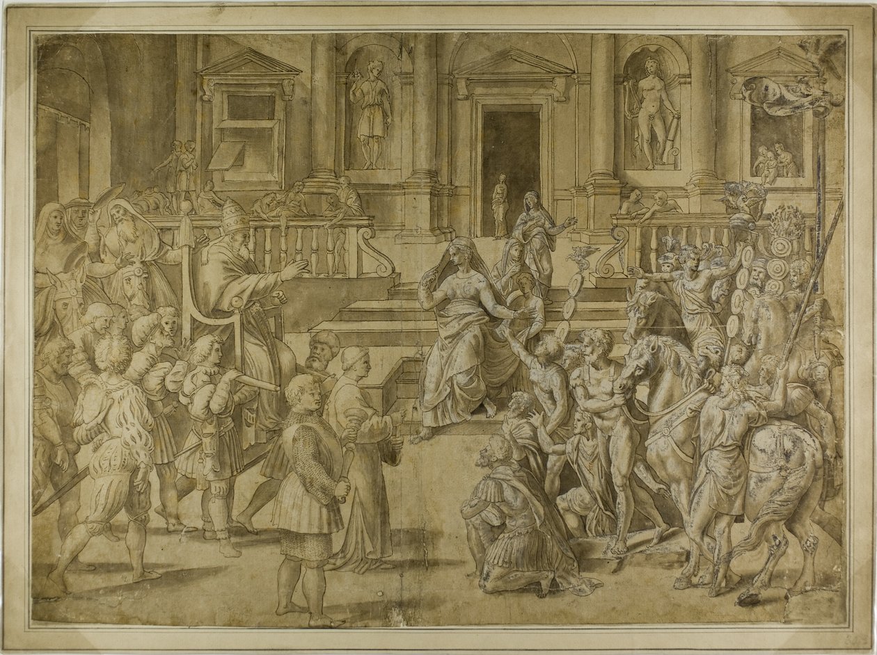 O Papa Silvestre abençoa o Imperador Constantino de Giulio Romano