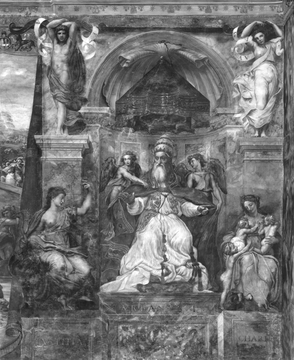 Papa Urbano I (d.230) entre Justiça e Caridade, Raphael Rooms (ver também 252783, 252784, 252785) de Giulio Romano
