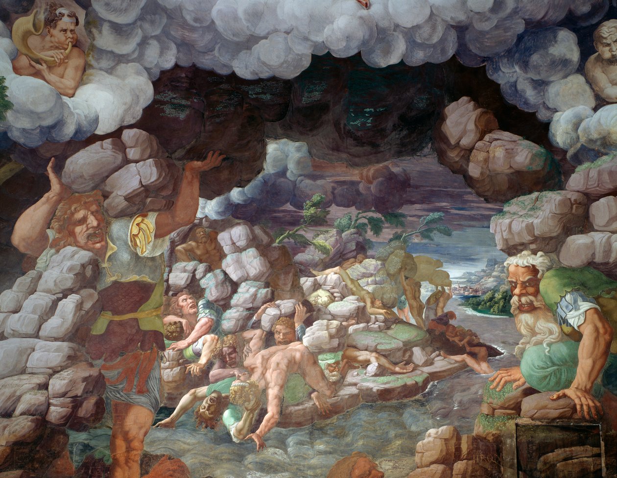 Gigantes rebeldes sendo atingidos por queda de montanha de Giulio Romano