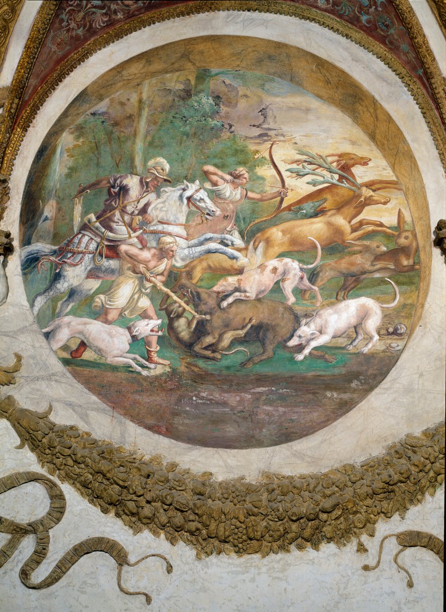 Cena mostrando que aqueles nascidos sob o signo de Câncer em conjunto com a constelação de Marte serão habilidosos em caça e pesca, simbolizados por uma cena de uma caçada, da Camera dei Venti, de Giulio Romano