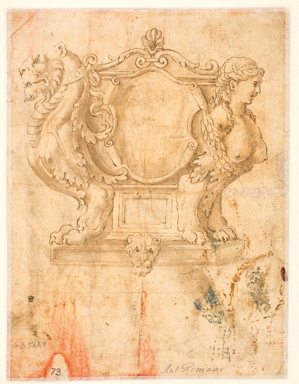 Skulptierter Sarg oder Sarg mit leerem Wappenschild de Giulio Romano