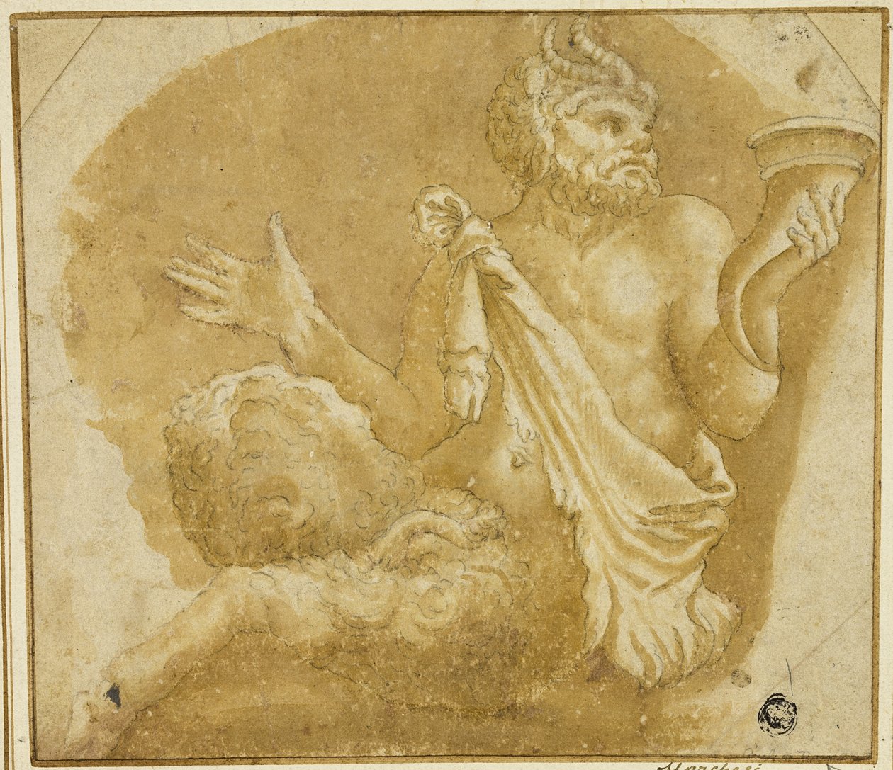 Fauno Sentado Segurando Cornucópia (reto); Esboço de Árvore e Casa (verso) de Giulio Romano