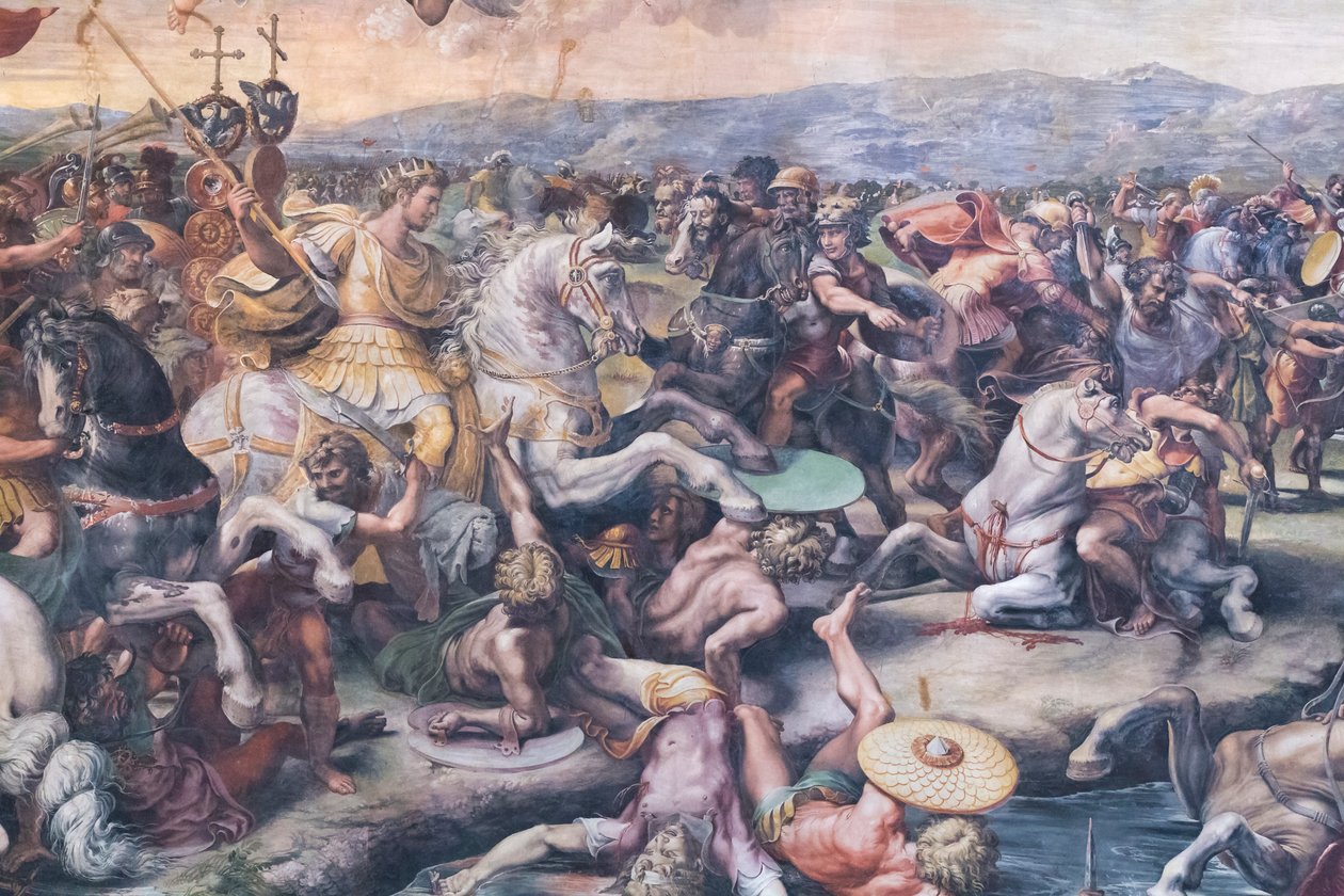 A Batalha na Ponte Milviana, detalhe (fresco) de Giulio Romano