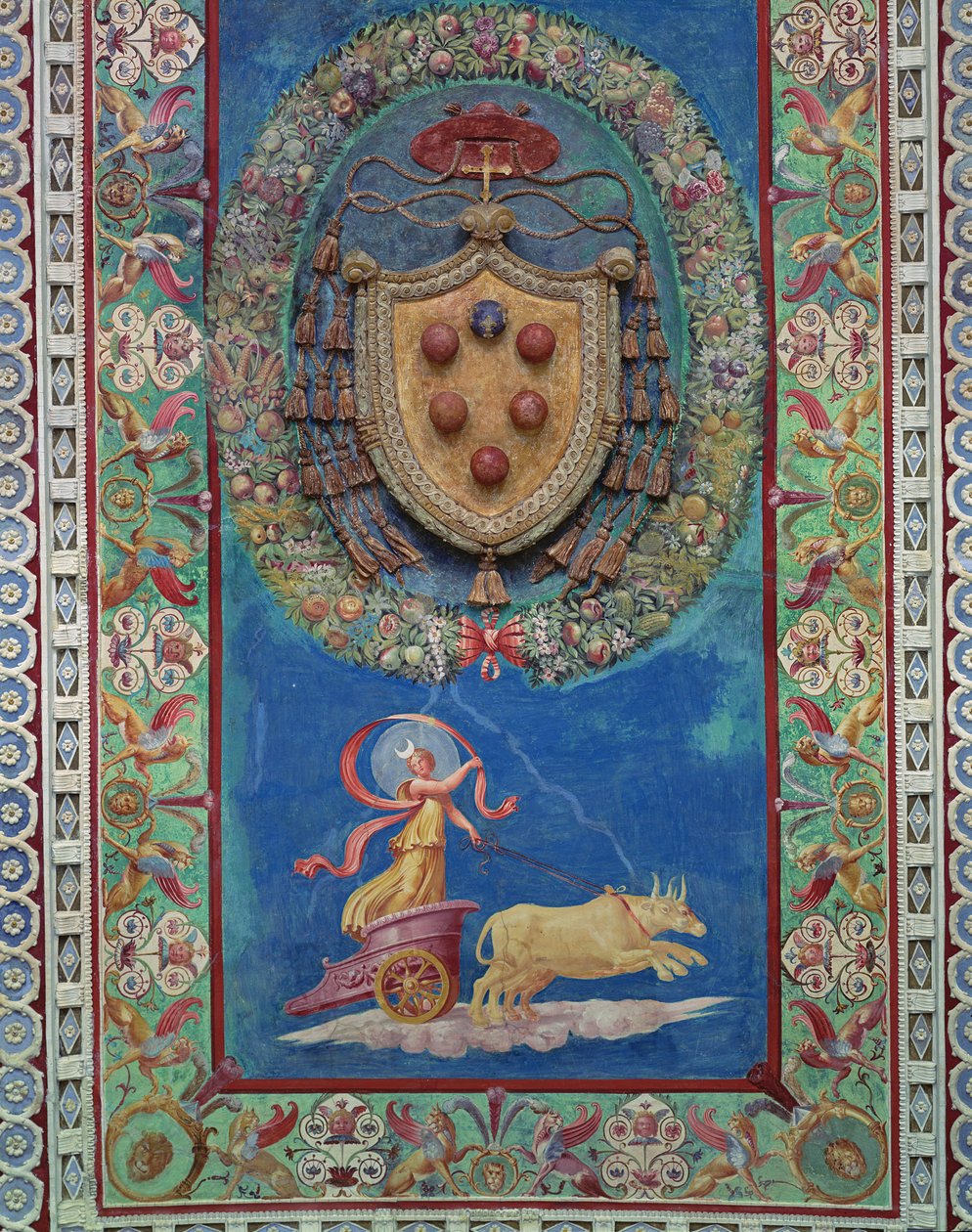 A Câmara com Fregio di Amorini Câmara do Friso de Cupido detalhe da área central do teto decorada com um relevo do brasão Medici e uma alegoria de noite, afresco e stu de 1520 de Giulio Romano