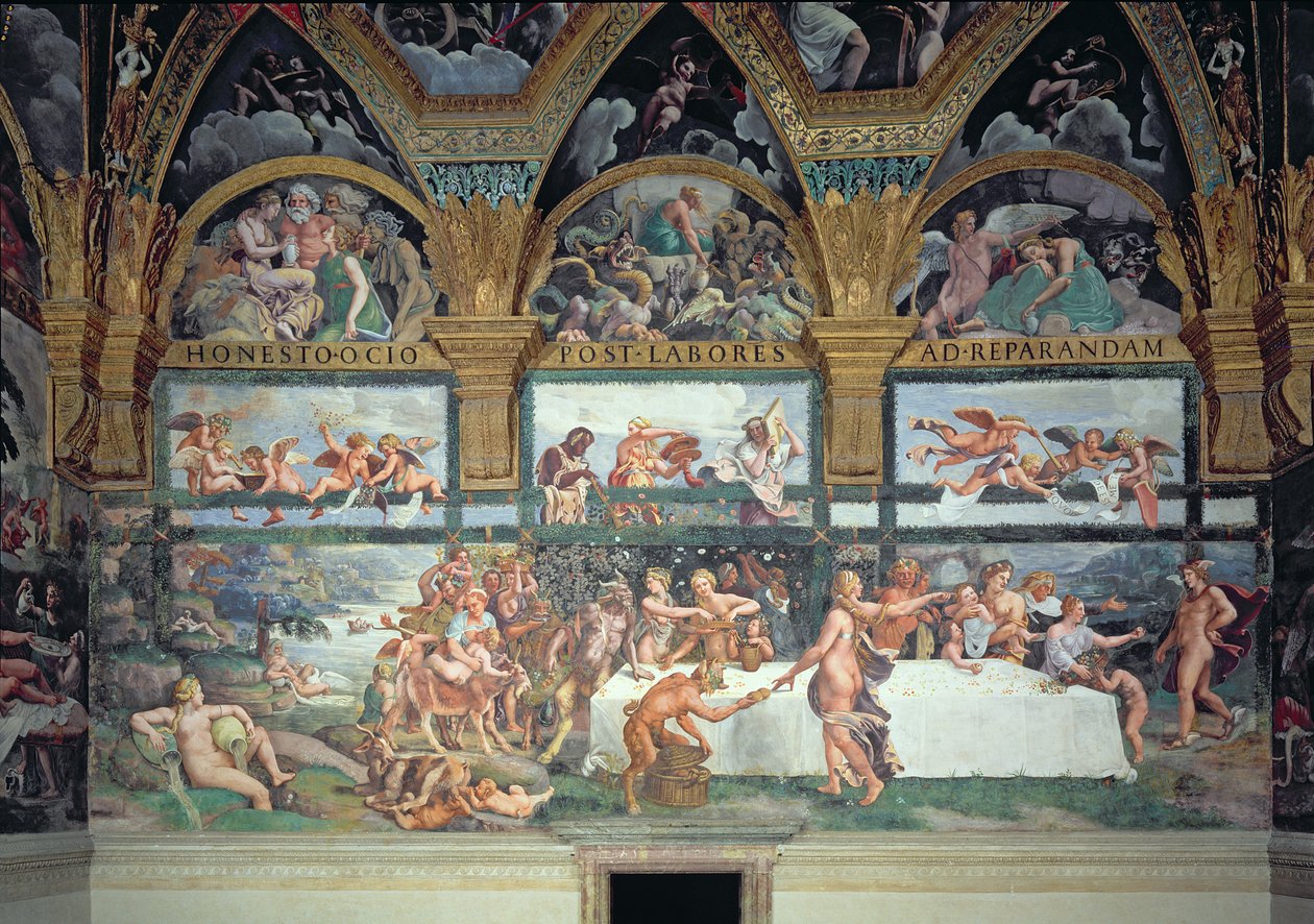 O Banquete Rústico celebrando o casamento de Cupido e Psique, com as três lunetas acima representando uma das provações de Psiquê para trazer de volta do Mundo Inferior uma jarra contendo a beleza de Proser de Giulio Romano