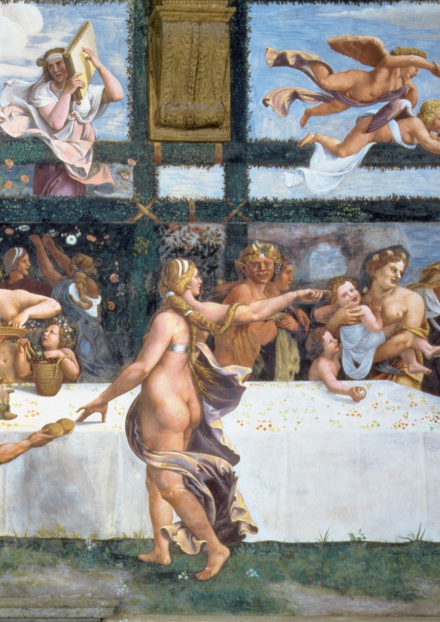 O Banquete Rústico celebrando o casamento de Cupido e Psique, com as três lunetas acima representando uma das provações de Psiquê para trazer de volta do Mundo Inferior uma jarra contendo a beleza de Proser de Giulio Romano