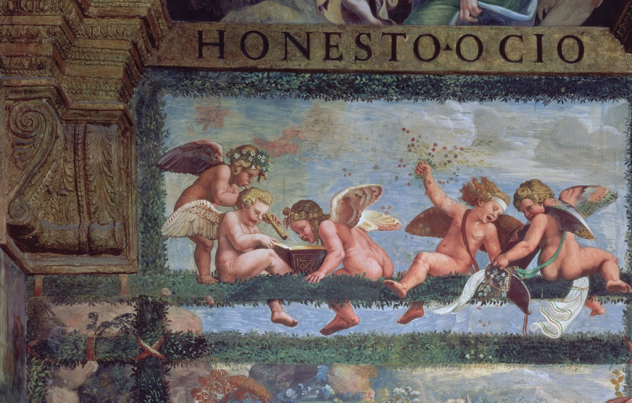 O Banquete Rústico, detalhe de putti fazendo música, da Sala di Amore e Psiche, detalhe 1528 fresco de 78428 de Giulio Romano