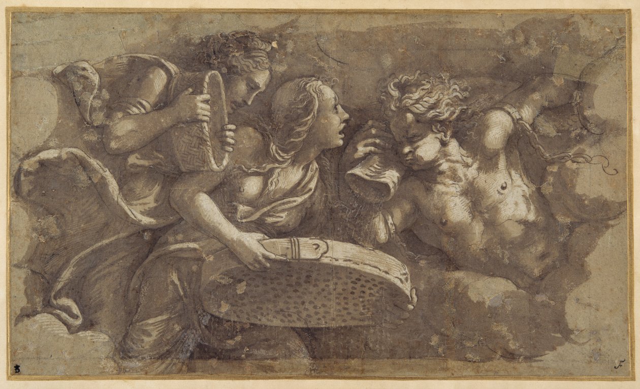A Vestal Tuccia com a peneira (caneta e tinta marrom com lavagem marrom sobre papel) de Giulio Romano