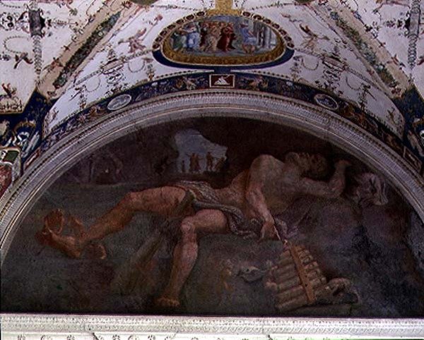 A loggia, detalhe de lunette no cofre representando Pan e satyrs de Giulio Romano