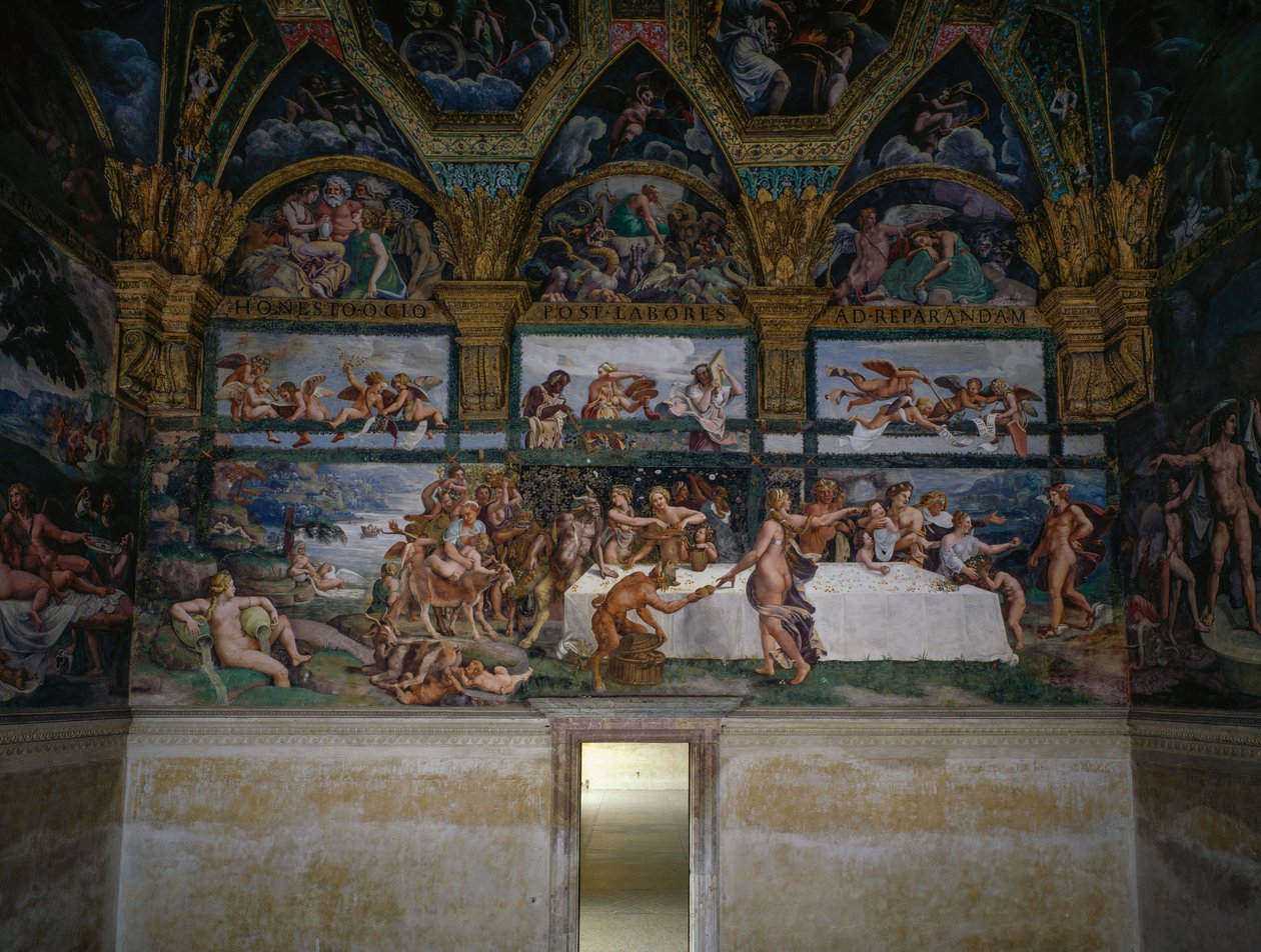 Festa de casamento ou Banquete dos deuses, afresco de Giulio Romano (1499-1546), parede oeste da Câmara de Cupido e Psique, Palazzo Te, Mântua (Lista do Patrimônio Mundial da UNESCO, 2008), Lombardia, Itália de Giulio Romano