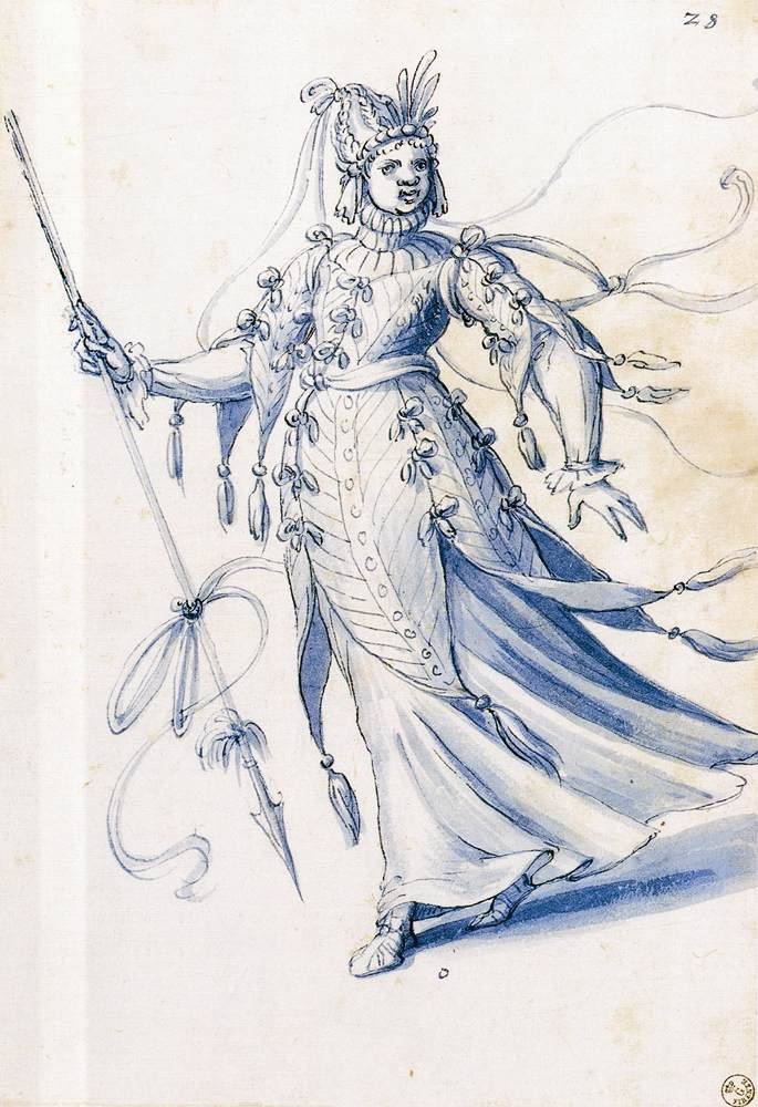 Traje de desenho de uma mulher com uma lança de Giuseppe Arcimboldo