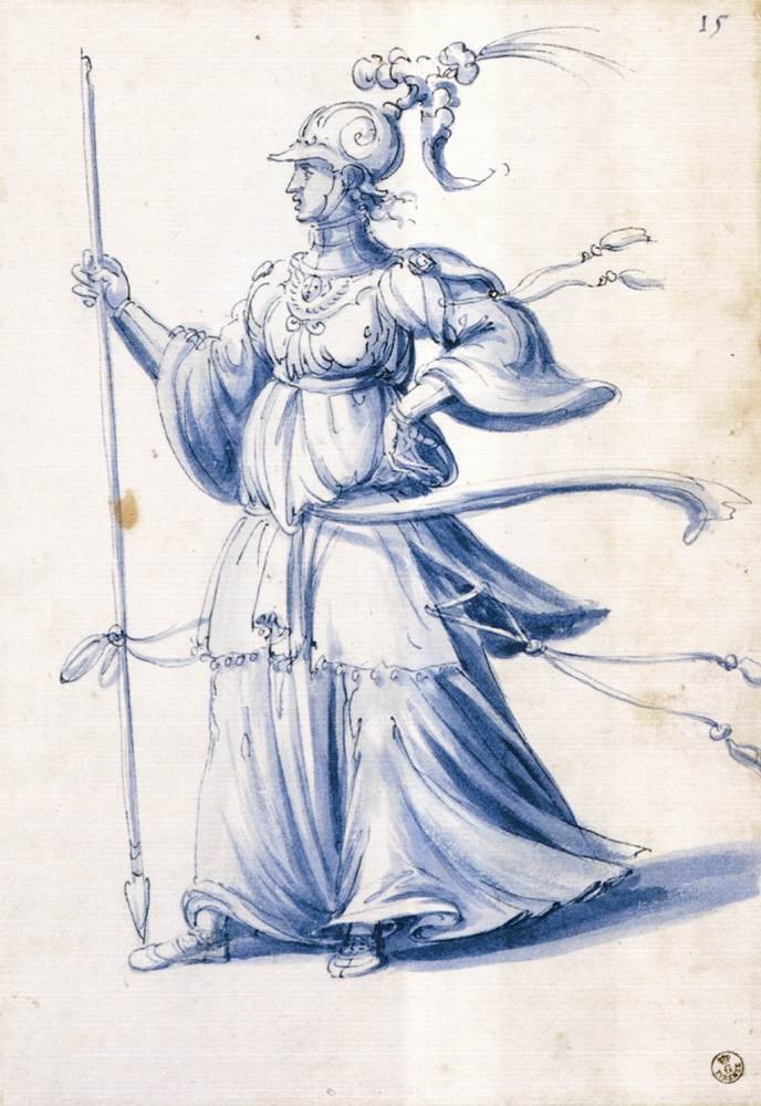 Traje de desenho de uma mulher com lança de Giuseppe Arcimboldo