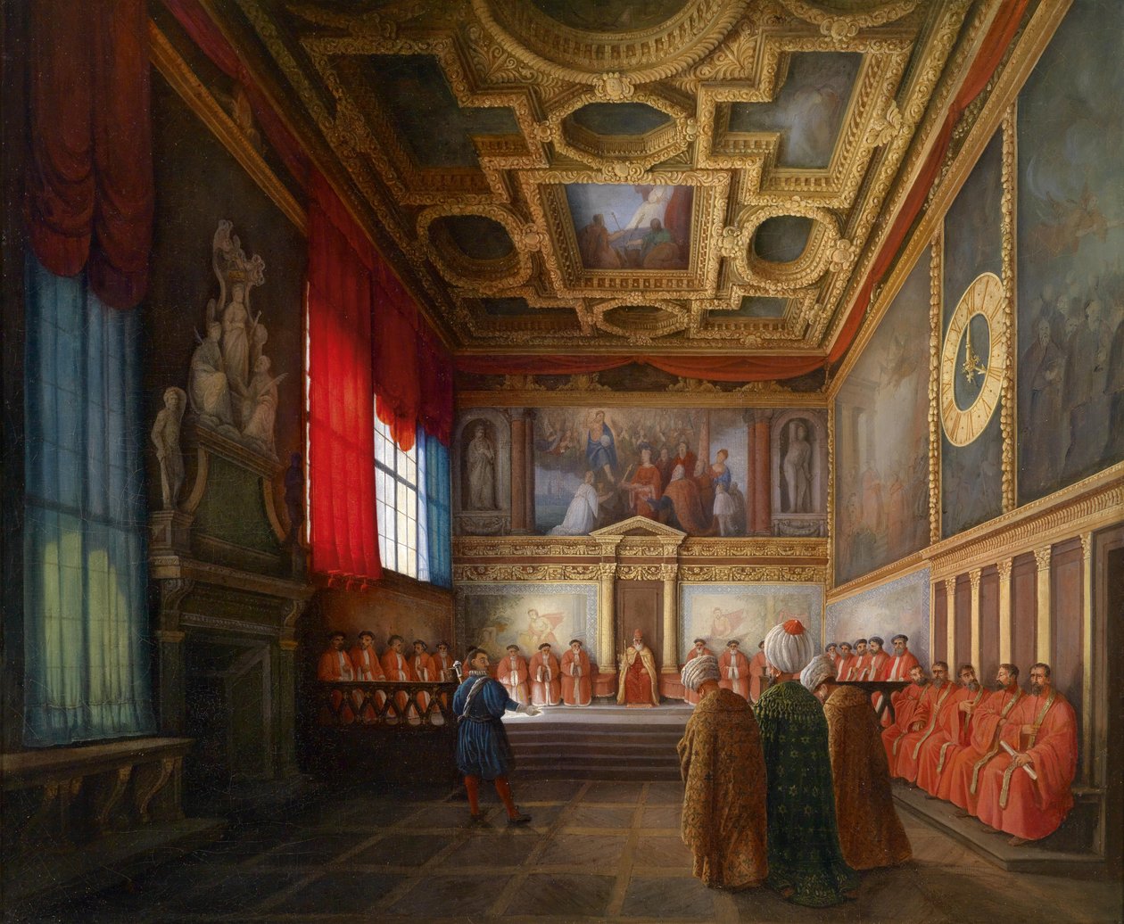 Recepção da legação otomana no Doge de Veneza na Sala del Collegio do Palácio Ducal de Giuseppe Bernardino Bison