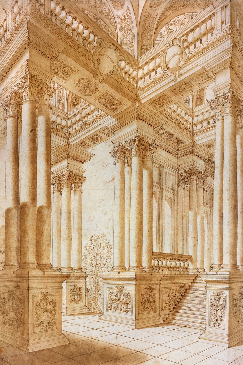 Estudo Arquitetônico (caneta e tinta marrom com marrom no papel) de Giuseppe Bibiena